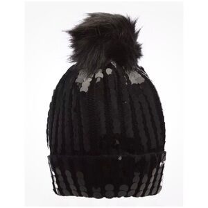 Black Knit Hat Beanie With Black Large Sequins & Faux Fur Pom Pom New One Size